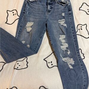 SO Women's Distressed Straight Leg Jeans - Blue